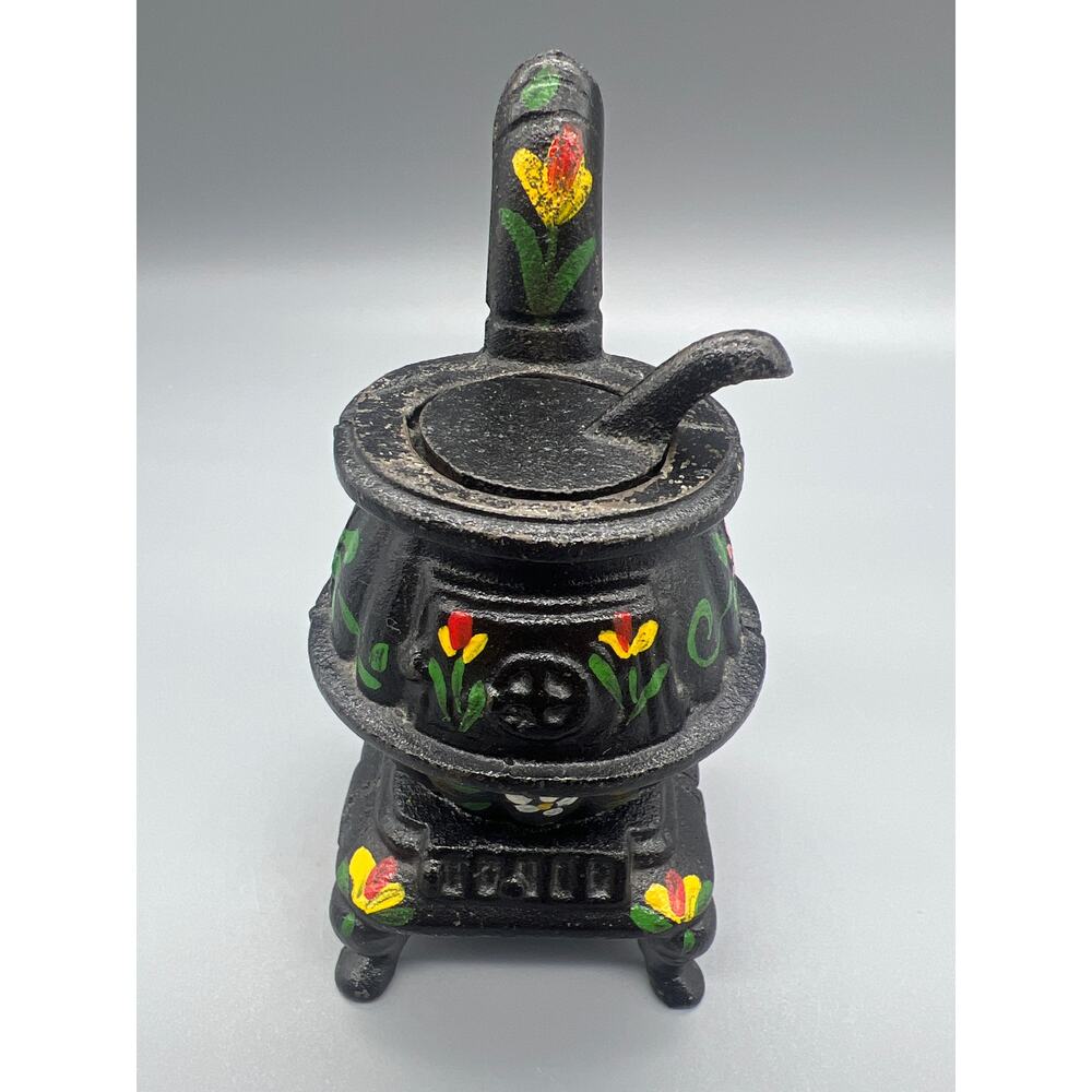 Antique Miniature Cast Iron Pot Belly Stove Hand Painted W/ Flowers Doll house